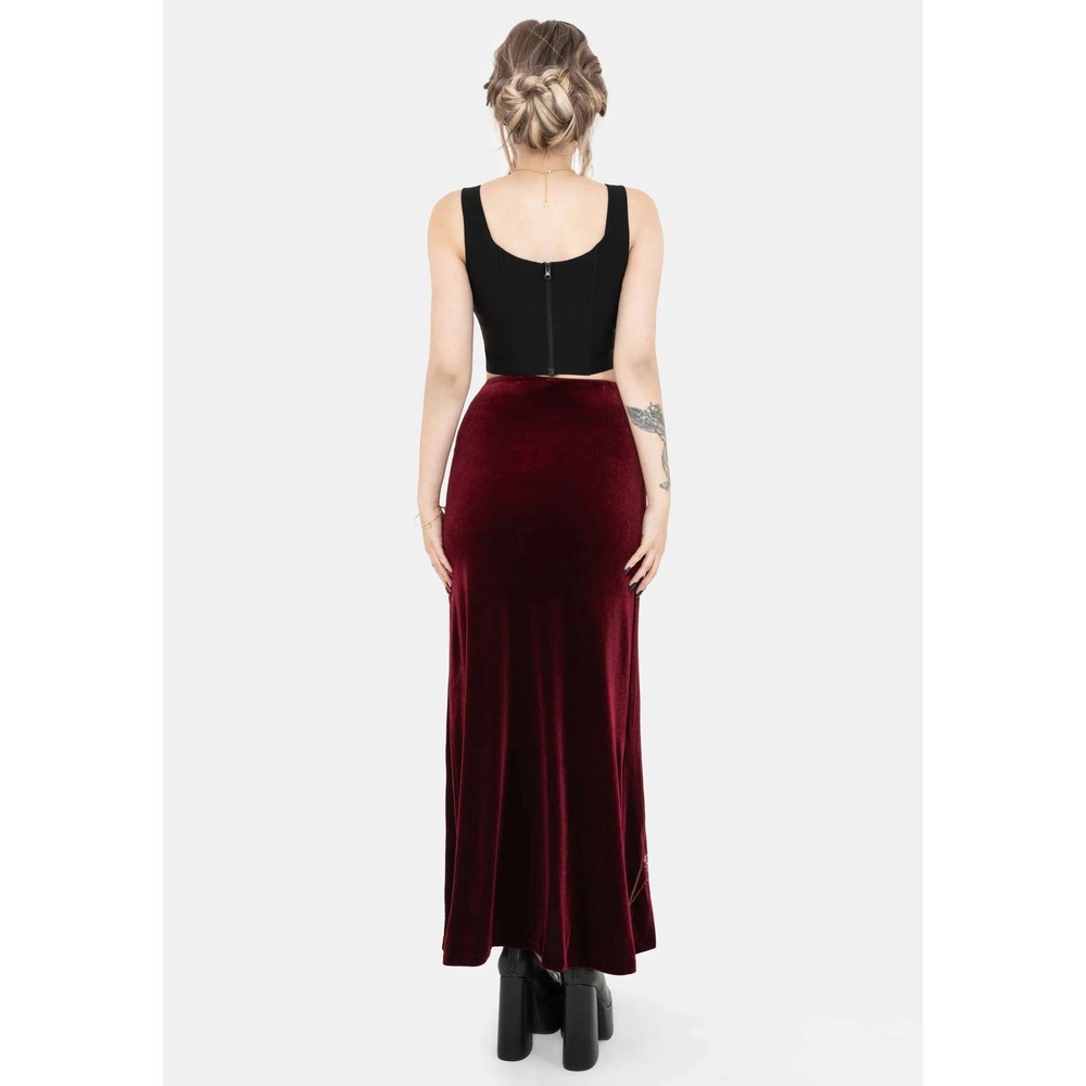 Disturbia Virosa Floral Embroidered Velour Maxi Skirt Burgundy Size 16 New W/Tag - Picture 3 of 8